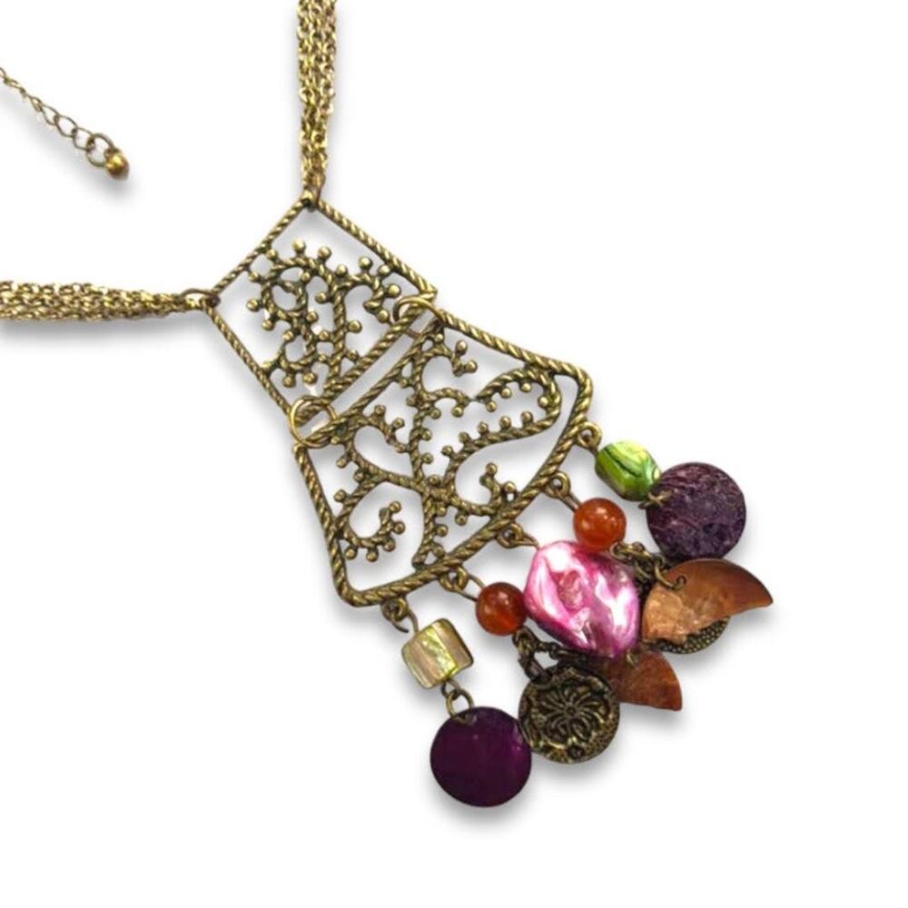 Brass tone boho bohemian statement necklace